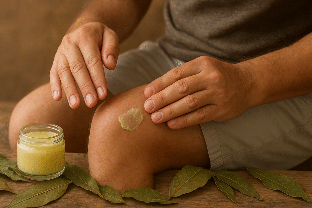 Um homem sentado passando pomada de canela de velho com suas mãos em seu joelho, a frente está um pote de vidro com a pomada e algumas folhas secas espalhadas.