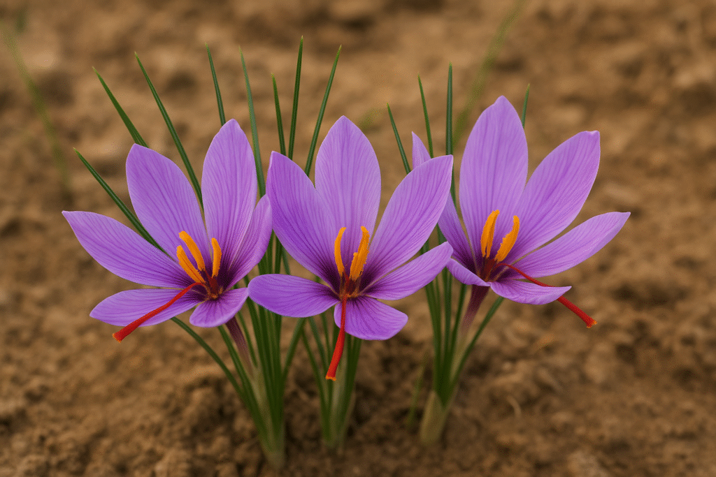 Planta de açafrão com aste curta mas com bela flor na cor roxa e com seus poderosos 