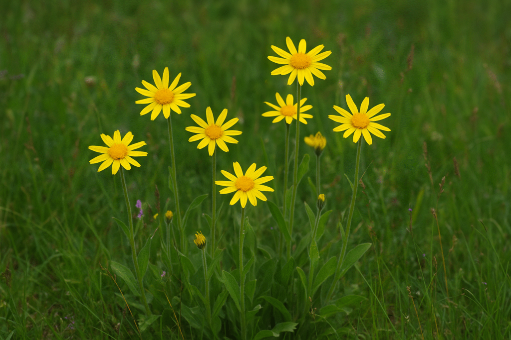 Em um ambiente natural da natureza se destaca uma planta de arnica com sua folhas verdes baixas e em astes um pouco mais lonagas suas flores amarelas.
