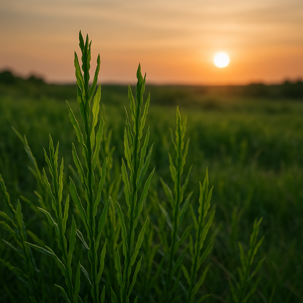 Planta de carqueja na natureza com suas folhas estreitas e longas e ao fundo um leve por do sul.