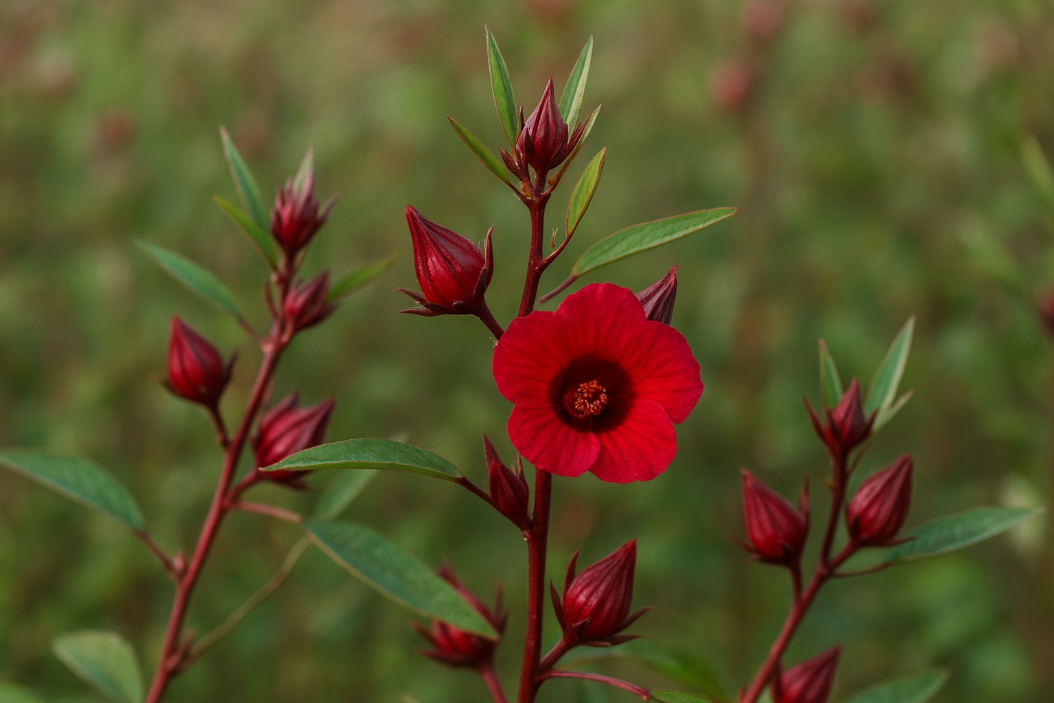 Pontas da planta de hibisco com folhas verde, com talos avermelhados e varios botões vermelhos e uma flor aberta vermelha.