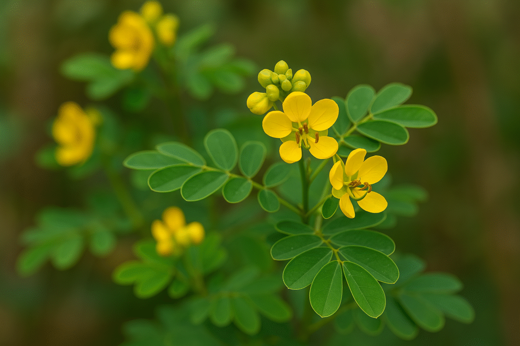 Uma planta de sene, com sua folhas verdes e bem pequenas e suas pequenas flores amarelas.