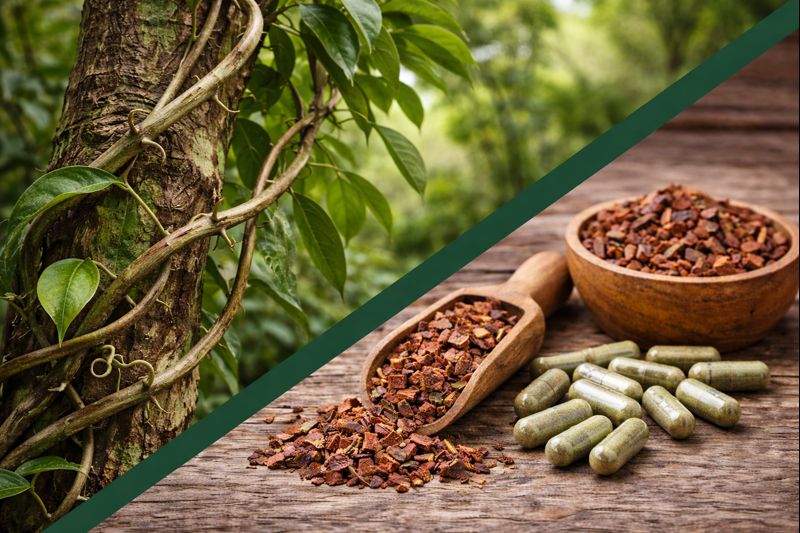 Imagem dividida na diagonal onde na parte inferior esquerda está a planta unha de gato, um cipó que vai se entrelaçando nas árvores com suas garras em forma de unhas do animal gato. Na parte inferior direita está a unha de gato e seus benefícios em forma de cápsulas e um pote e um medidor de madeira com cascas de unha de gato para chá.