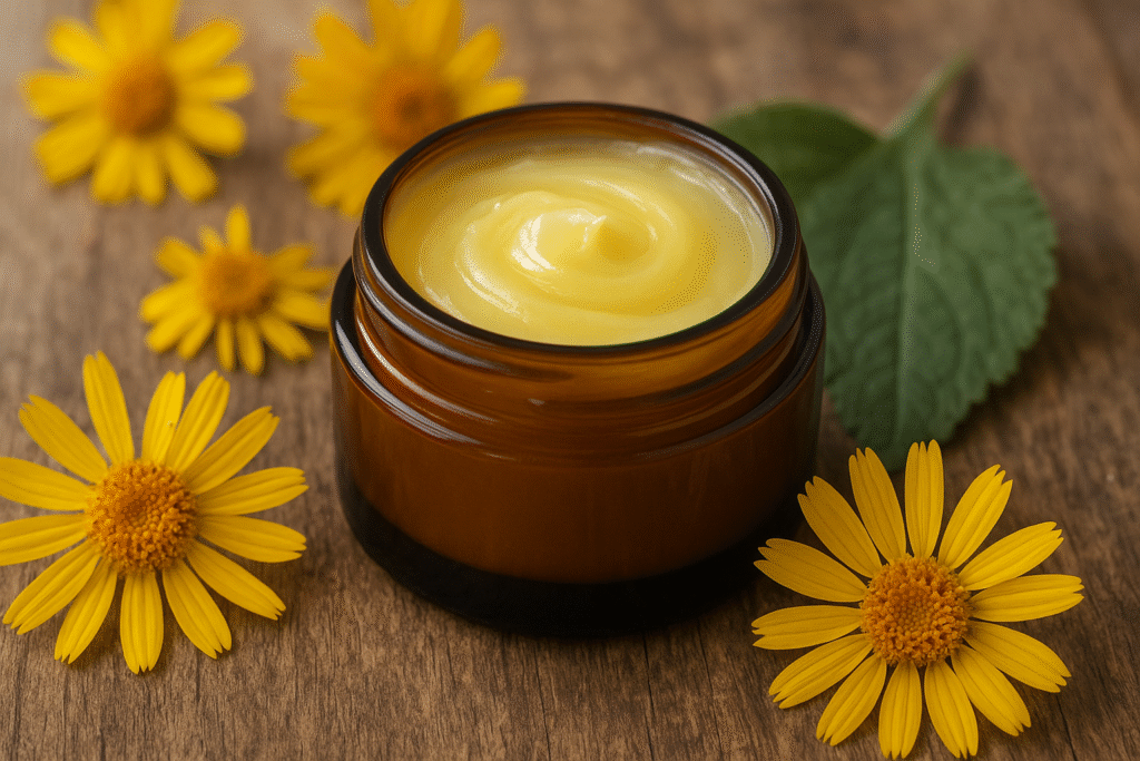 Em uma mesa de madeira um frasco de vidro cheio de pomada e ao lado várias flores de arnica.