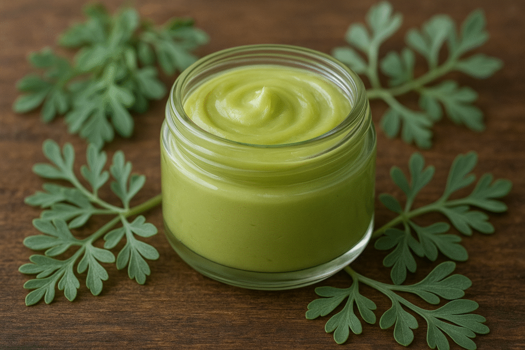 Sobre a mesa algumas folhas de arruda e um pote de vidro cheio de pomada feito com arruda, oleo vegetal e cera de abelha.