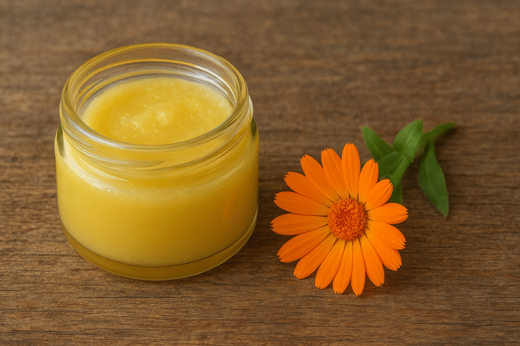 Sobre uma mesa de madeira um pote de vidro cheio de pomada e uma flor de calêndula do lado.