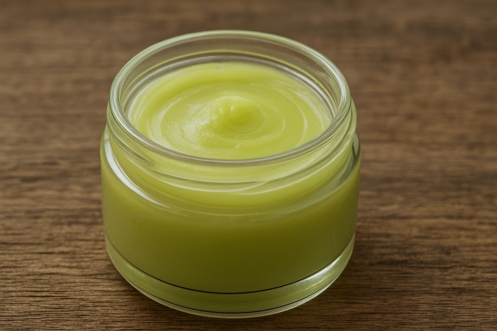 Sobre uma mesa de madeira um pote de vidro com pomada dentro na cor verde clara, ilustrando ser pomada de cânfora.