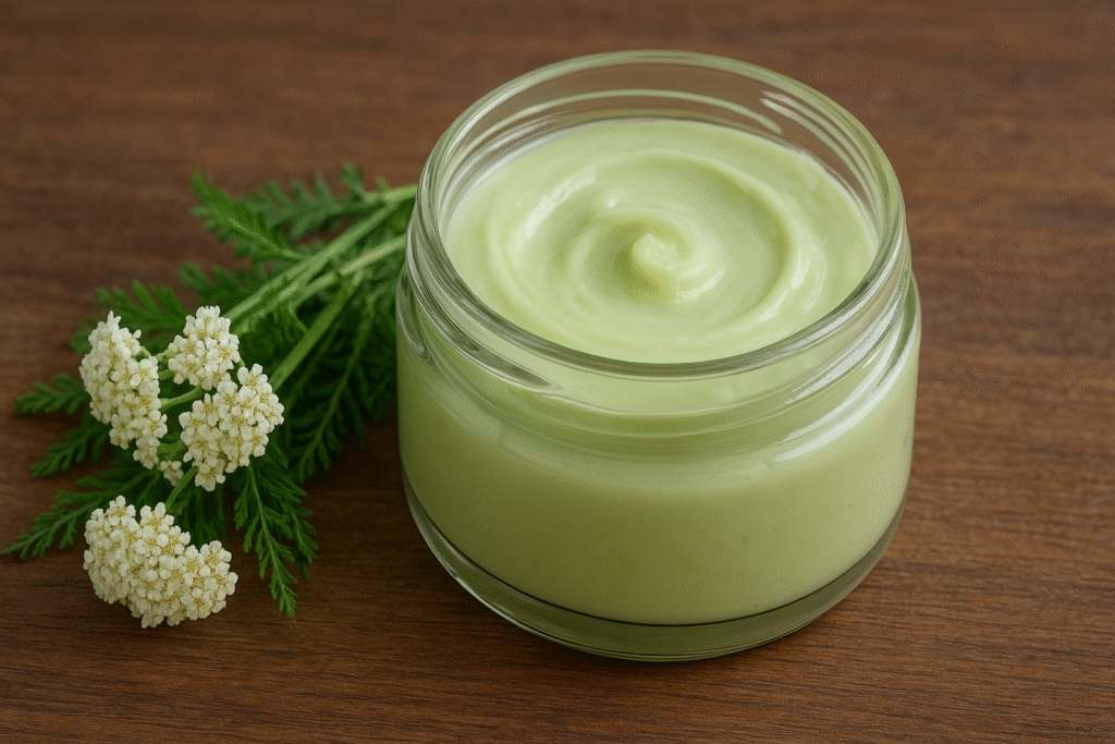 Sobre uma mesa de madeira um pote de vidro com pomada na cor verde clara ao lado de um ramo de mil folhas com suas folhas verdes e flores brancas.