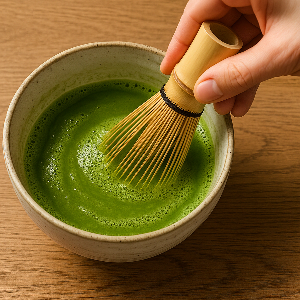 Em uma mesa de madeira uma tigela de porcela com chá matcha e uma mão usando um batedor japonês feito de bambu usado no ritual de preparação do matcha deixando ele num tom verde e espumado.