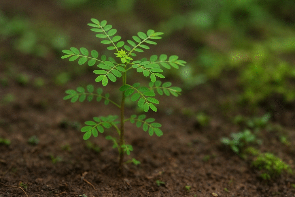 Num ambiente natural plantado na terra um pequeno pé de quebra pedra com suas folhas verdes e miúdas.