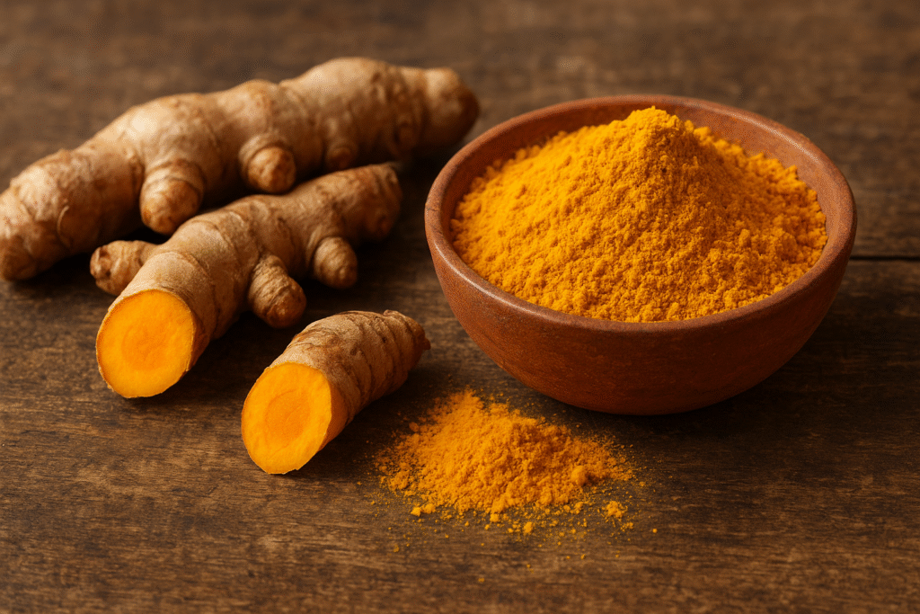 Sobre uma mesa de madeira algumas raízes cortadas de cúrcuma e um pote de porcelana cheio de pó de cúrcuma na cor laranja forte para dourado, também conhecido como pó dourado.