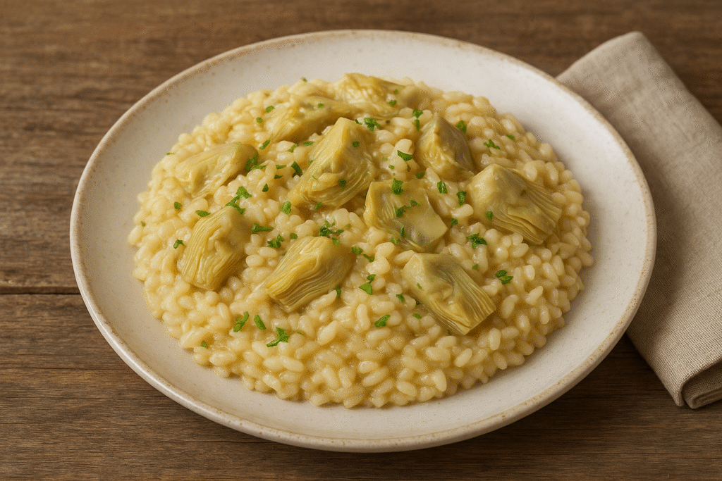 Em um prato um suculento risoto tendo em cima uns corações de alacachofra cortados em pedaços.