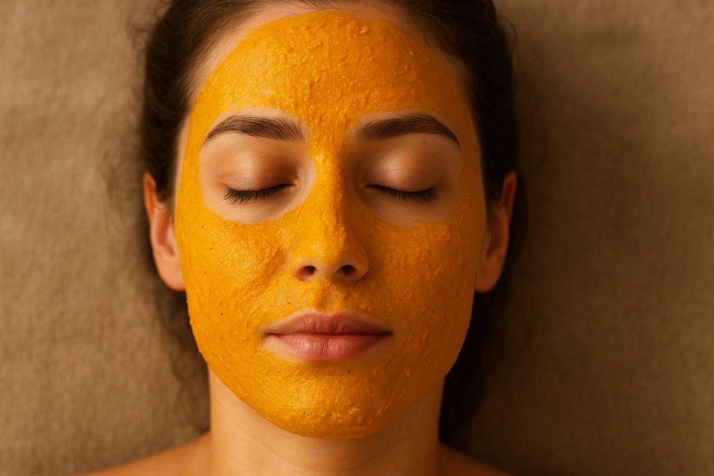 Rosto de uma mulher com máscara de cúrcuma.