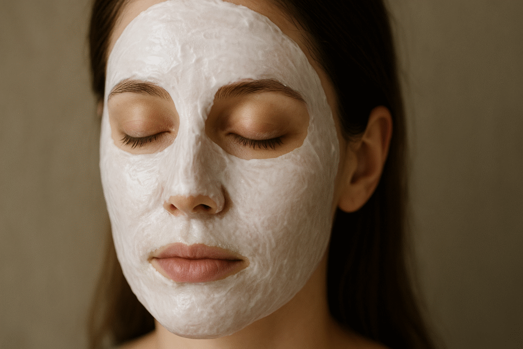 Rosto de uma mulher com máscara facial a base de chá branco.