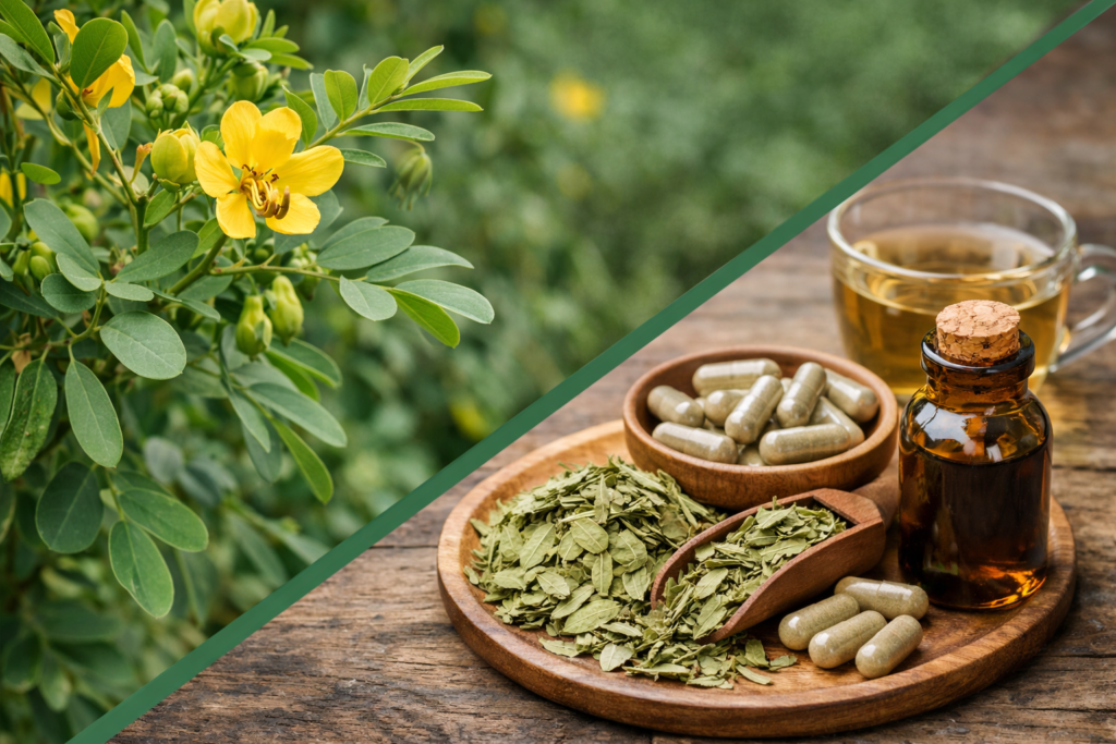 Imagem dividida na diagonal onde na parte superior esquerda está a árvore de sene com destaque para ponta de um galho onde aparece suas folhas pequenas e verdes e algumas pequenas flores amarelas. Na parte inferior direita está o sene e seus benefícios, um frasco de vidro com tintura, um pote de madeira com algumas cápsulas e outras espalhadas, um medidor de madeira cheio de folhas secas ao lado de um pequeno monte de folhas secas e ao fundo uma xícara de vidro com chá de sene.