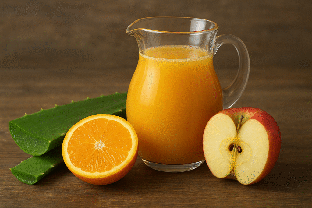 Sobre a mesa uns pedaços de folhas de babosa, metade de uma laranja e metade de uma maça do lado de uma jarra de vidro cheia de suco.