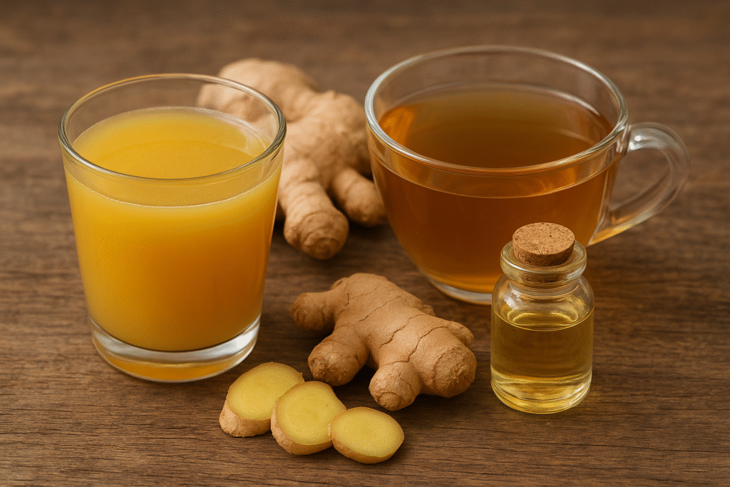 Sobre a mesa um copa de vidro com suco dentro, uma xícara de vidro com chá dentro, um frasco de oleo essencial, duas raizas de gengibre e alguns pedaços cortados em rodelas.