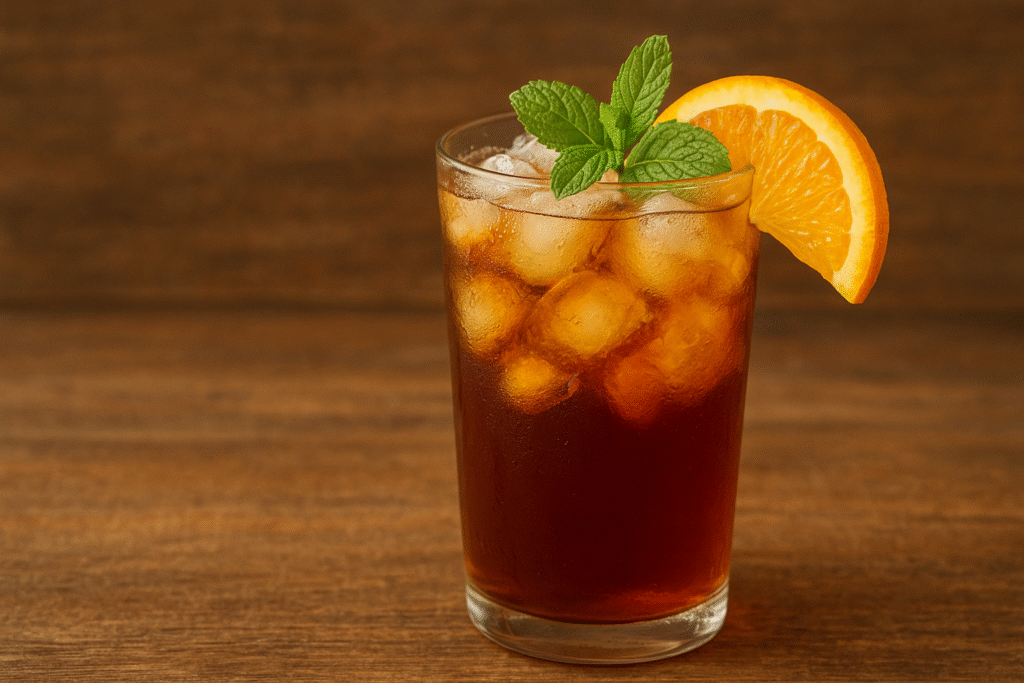 Sobre uma mesa de madeira um copo de vidro com chá preto e gelo e por cima umas folhas de hortelã e um pedaço de laranja.