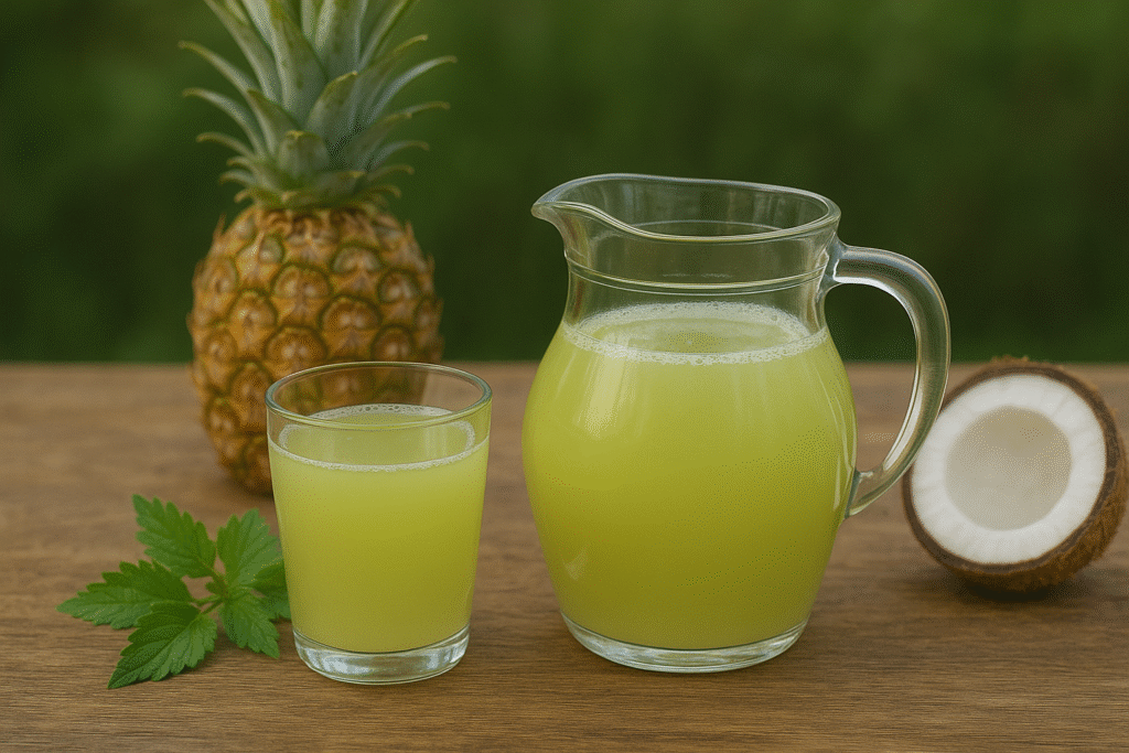Sobre uma mesa um abacaxi, um pedaço de coco, um jarro e um copo com suco na cor verde claro com suco de picão preto, abacaxi e agua de coco.