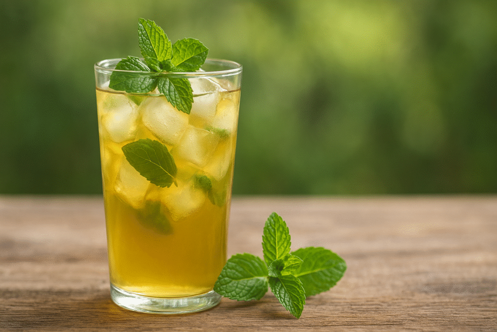 Sobre a mesa um copo de vidro com suco e gelo dentro e por cima e do lado algumas folhas de hortelã para representar um chá verde gelado com hortelã.