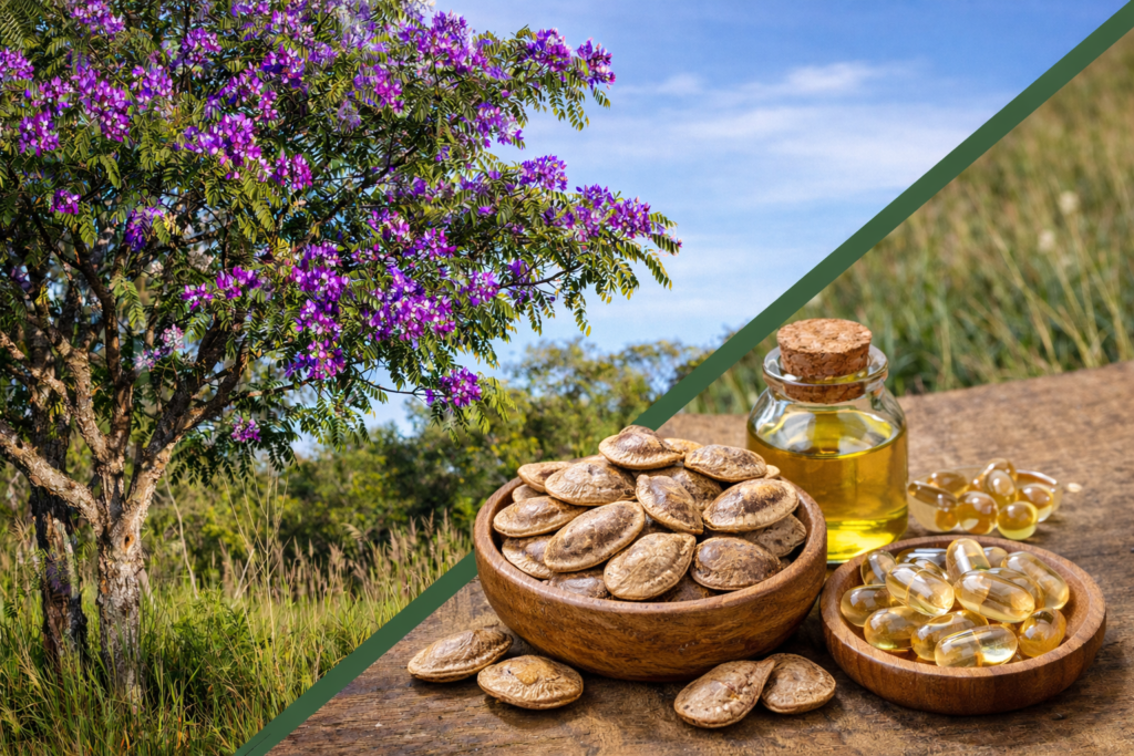 Imagem dividida na diagonal onde na parte superior esquerda está uma árvore se sucupira com suas folhas miúdas e verdes com cachos de pequenas flores roxas na ponta. Na parte inferior direita está a sucupira e seus benefícios, um pote com cápsulas, uma tigela de madeira com sementes de sucupira para fazer chá e um frasco de vidro com óleo de sucupira.