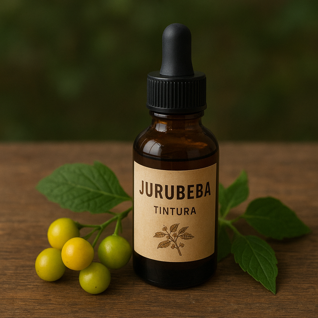 Um frasco de vidro com conta gotas cheio de tintura e do lado algumas folhas e frutos amarelos de Jurubeba.