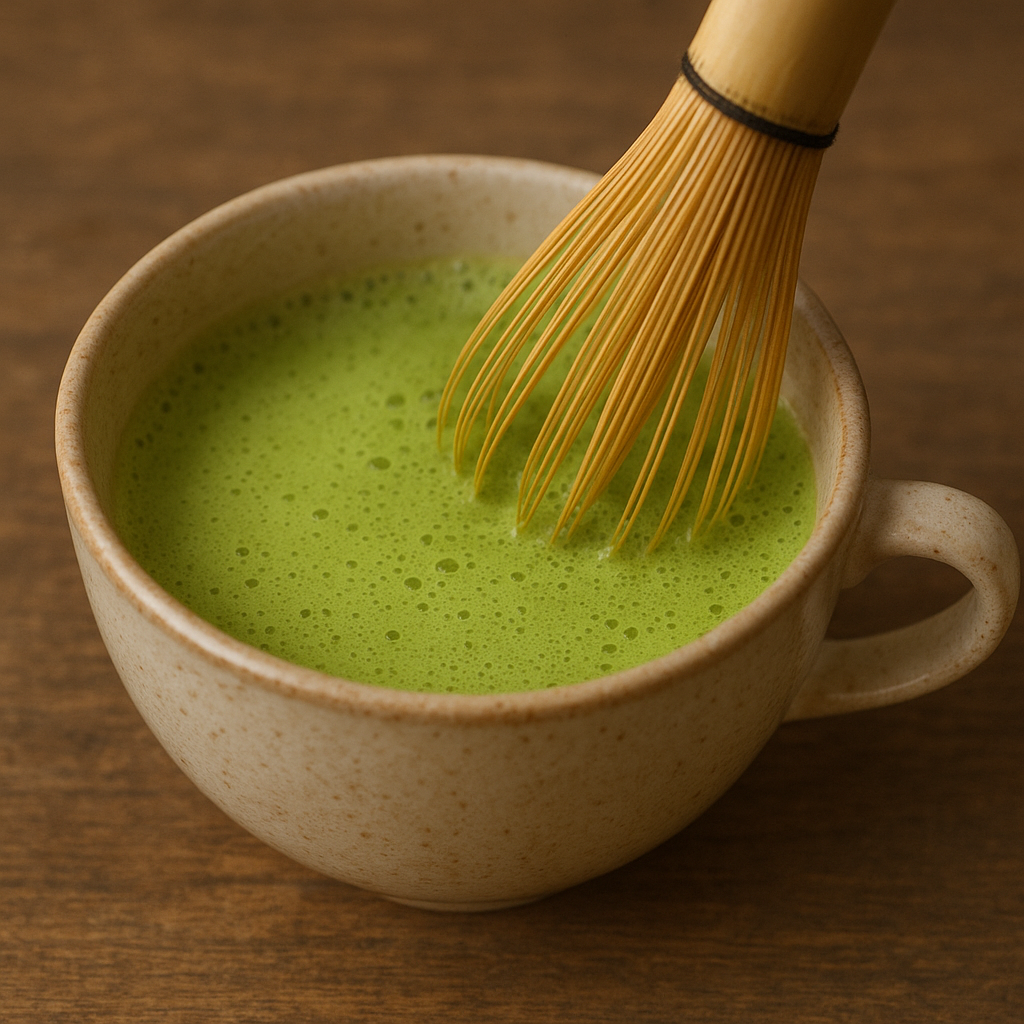Uma xícara de porcelana tendo dentro o chá matcha com o batedor chasen.