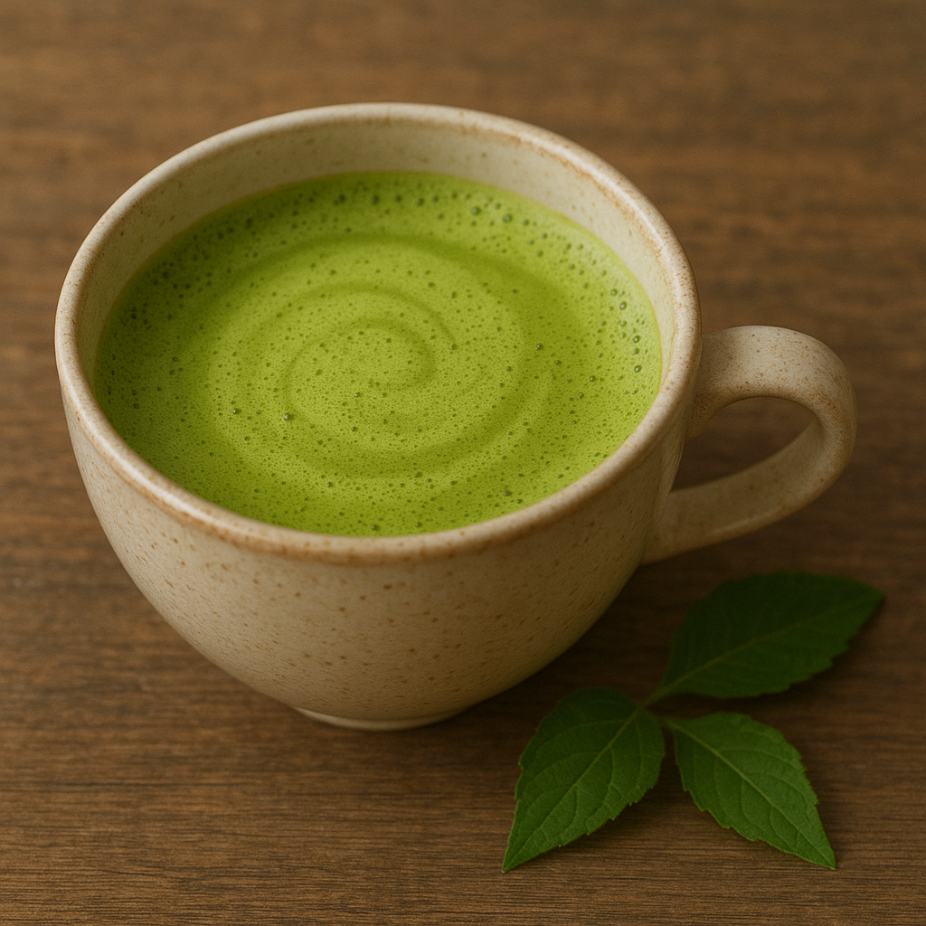 Uma xícara de porcelana com chá matcha bem cremosa e do lado umas folhas de chá verde.