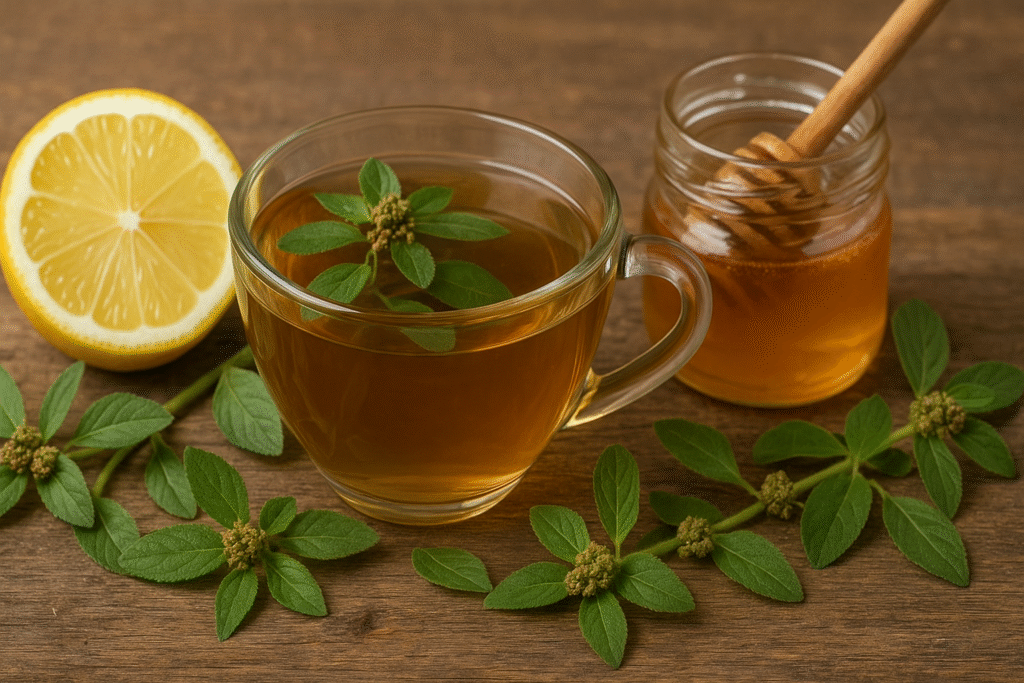Sobre uma mesa de madeira uma xícara de vidro com chá e ao lado vários ramos de erva de santa luzia e de um lado metade de um limão e do outro lado um pote de vidro com mel.