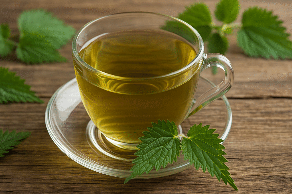 Sobre uma mesa de madeira uma xícara de vidro com chá ao lado de folhas de urtiga.
