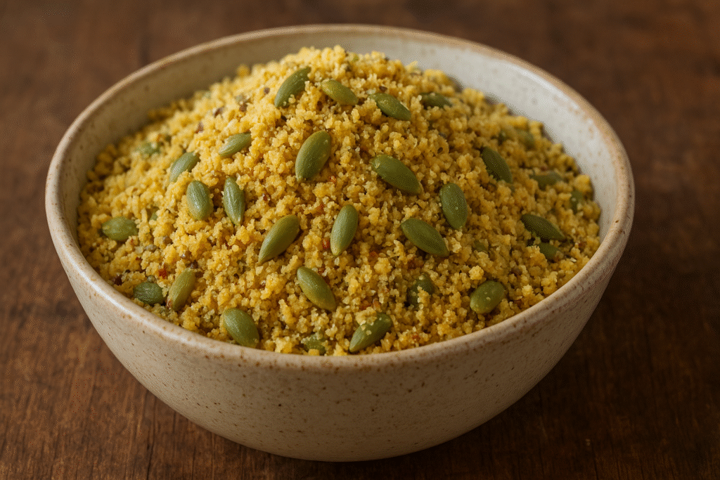 Sobre uma mesa uma tigela de porcelana cheia de farofa com sementes de abóbora.