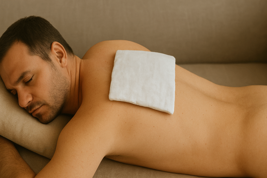 Homem deitado sem camisa e sobre as costas um pano com compressa de guaçatonga como relaxante muscular.