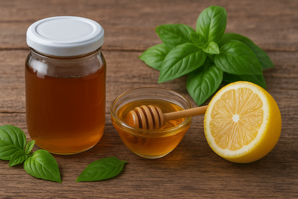 Sobre uma mesa de madeira um frasco de vidro com xarope de mel, limão e alfavaca, ao lado um pote de vidro com mel, meio limão e folhas de alfavaca ao lado e ao fundo.