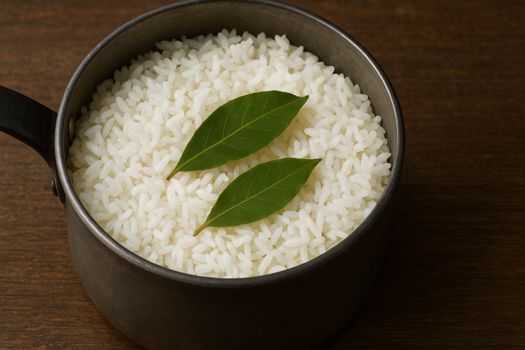Uma panela de ferro cheia de arroz cozido com duas folhas de louro para dar um gosto especial.