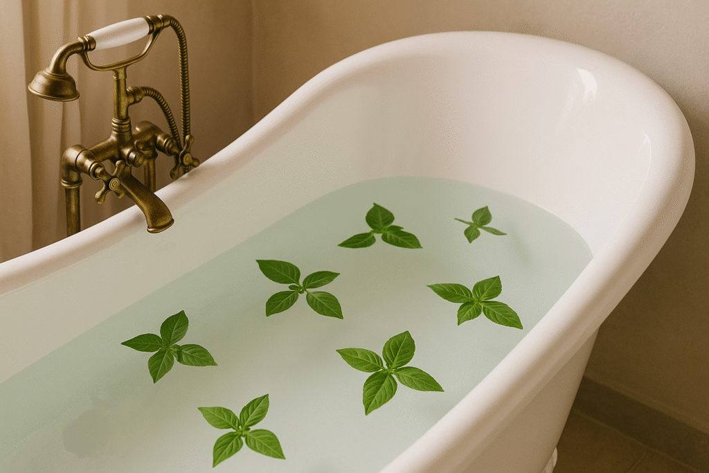 Uma banheira cheia de água com folhas de manjericão, para representar um banho relaxante.