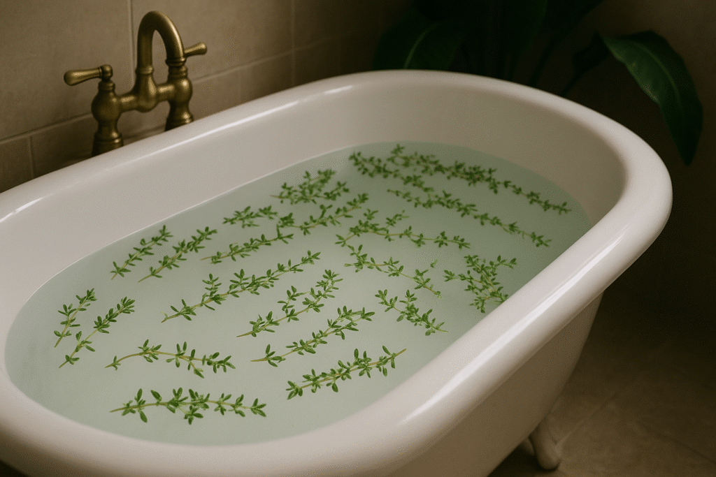 Uma banheira cheia de água com ramos de tomilho para um banho relaxante.