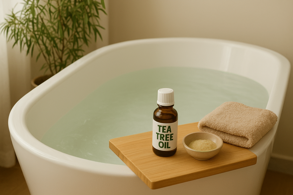 Uma banheira cheia de água e ao lado uma toalha, óleo de melaleuca e sal para um banho relaxante.