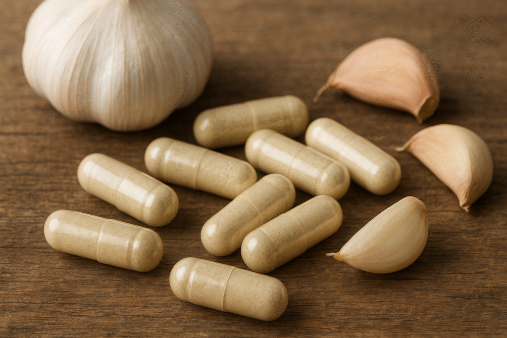Sobre uma mesa de madeira algumas cápsulas ao lado de uns dentes e uma cabeça de alho.