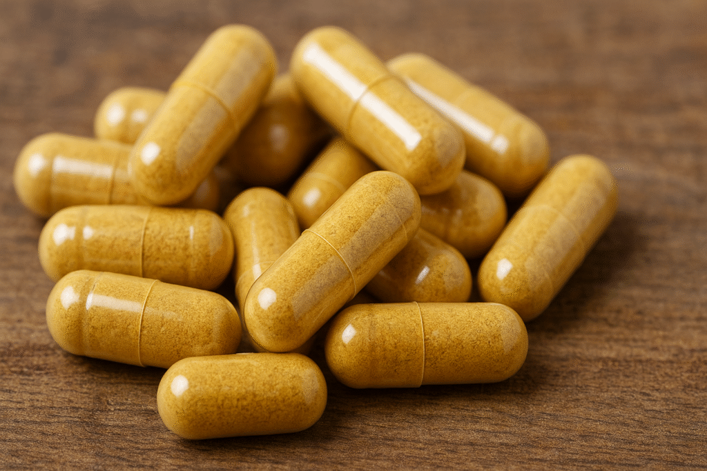 Sobre uma mesa de madeira várias cápsulas de berberina na cor amarelo dourado.