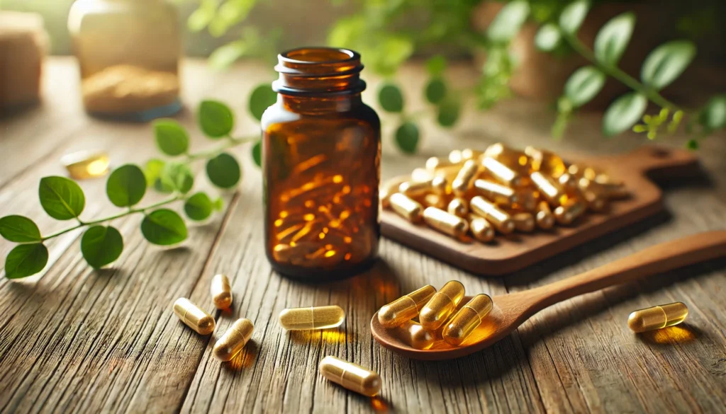 Sobre uma mesa de madeira um frasco de vidro, uma colher de maderia e uma tábua de madeira com cápsulas de berberina espalhadas por todos lados e ao fundo uns ramos verdes da planta que se extrai a berberina para o tratamento da diabetes.