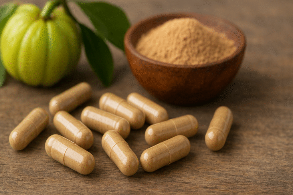 Sobre uma mesa de madeira uma tigela com pó e a frente várias cápsulas, ao fundo um fruto de garcinia.