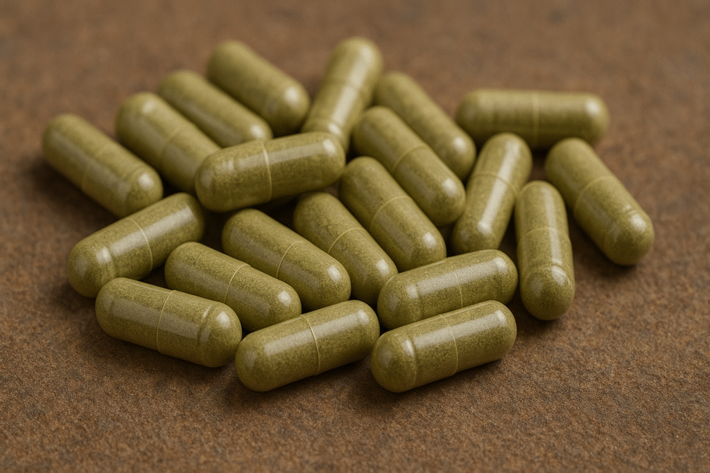 Sobre uma mesa de madeira várias cápsulas de Gymnema sylvestre na cor verde para bege.