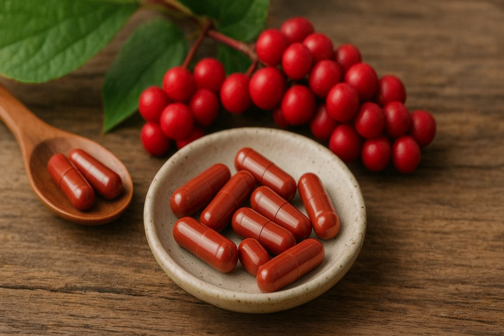 Sobre uma mesa de madeira um pote de porcelana e uma colher de madeira com cápsulas vermelhas de schisandra chinensis e ao lado uma baga de fruto de schisandra chinensis com folhas verdes.