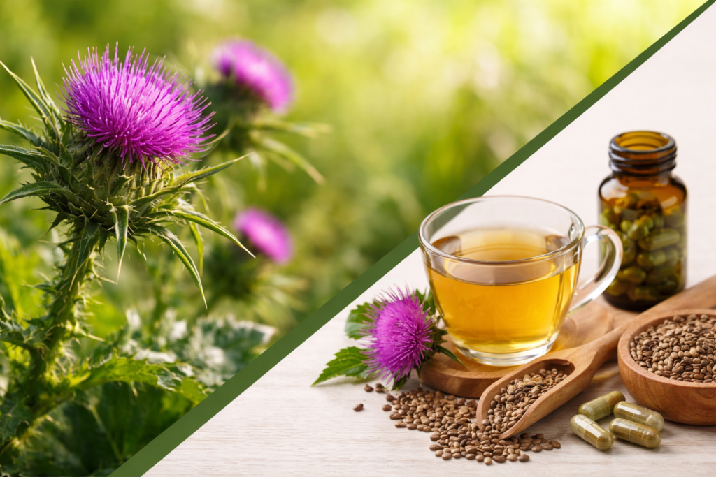 Imagem dividida na diagonal onde na parte superior esquerda está uma planta de cardo mariano com suas folhas e hastes espinhosas e uma flor de formato redondo espinhosa com pequeninas pétalas na cor roxa como que espinhos espetados. Na parte inferior direita está suas formas de uso, pois o cardo mariano é indicado para o fígado, em um pote e medidor de madeira cheios de sementes de cardo mariano ao lado de uma xícara de vidro com chá, ao fundo um frasco de vidro com cápsulas e na frente algumas cápsulas espalhadas.