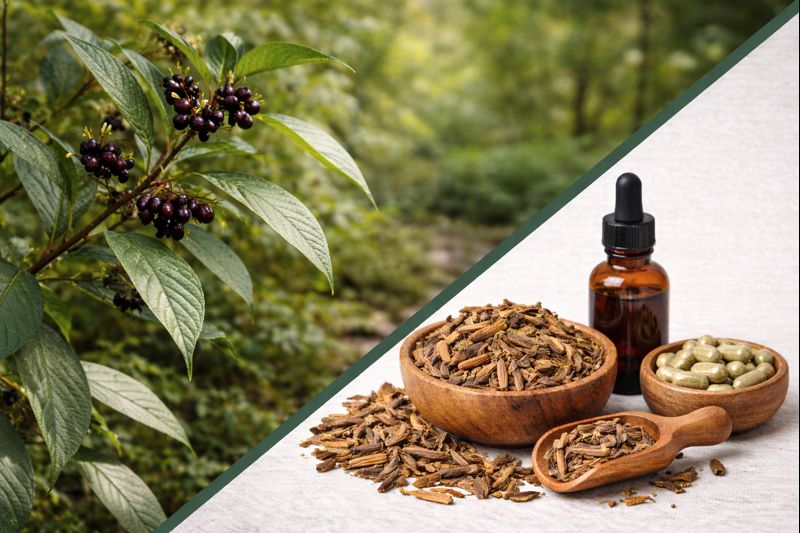 Imagem dividida na diagonal onde na parte superior esquerda está uma planta de cásacra sagrada com suas folhas verdes com nervuras e pequenos frutos redondos preto avermelhados bem próximo das folhas. No lado direito inferior esta a cáscara sagrada e seus benefícios em forma de casca seca em um pote e um medidor de madeira, num pote de madeira cápsulas e em um frasco de vidro tintura de cáscara sagrada.