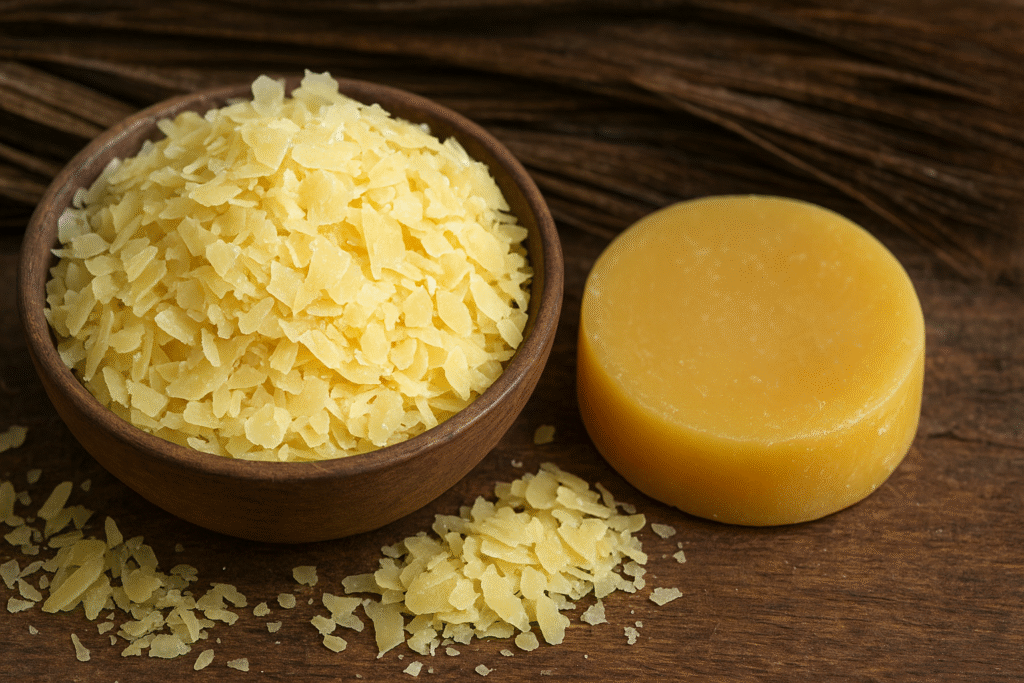 Sobre uma mesa de madeira uma barra de cera de carnaúba e ao lado um pote de porcelana cheio de raspas de cera de carnaúba.