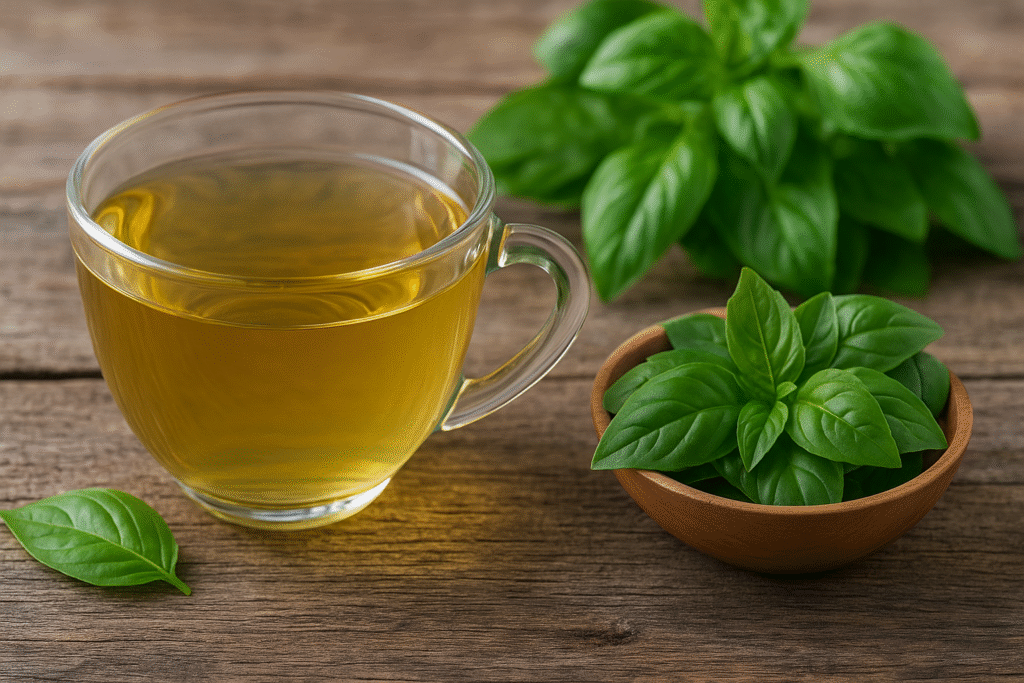 Sobre uma mesa de madeira uma xícara com chá ao lado um pote de porcelana com folhas de alfavaca e ao fundo mais folhas de alfavaca.