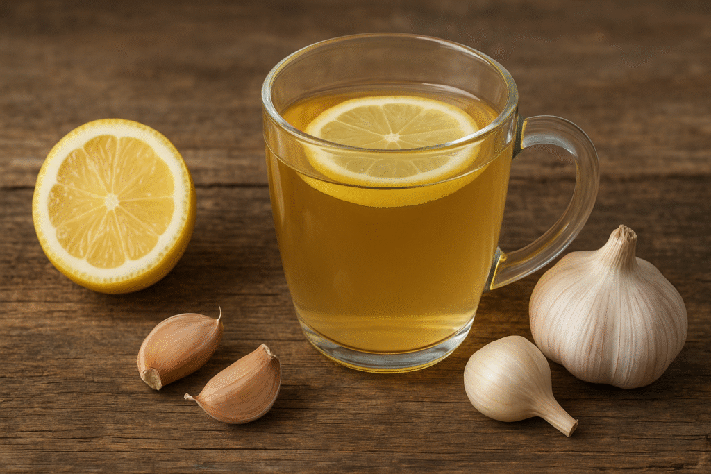 Em uma mesa de madeira uma xícara de vidro com chá e uma rodela de limão dentro, de um lado duas cabeças de alho e de outro lado dois dentes de alho e metade de um limão.