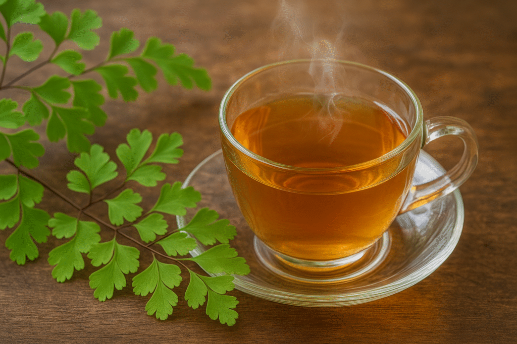 Sobre uma mesa de madeira uma xícara de vidro com chá fumegante ao lado de folhas de avenca.