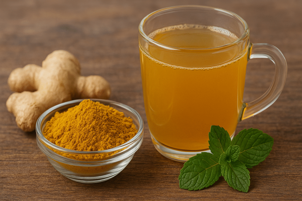 Sobre uma mesa de madeira uma xícara de vidro com chá e na frente um ramo verde de hortelã, ao lado um pote de vidro com pó amarelo dourado de berberina e atras uma raiz de gengibre.